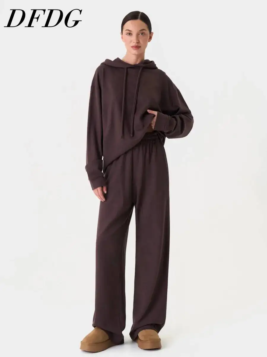 DFDG Women 2026 Spring Autumn Casual Hooded Tracksuit Loose Long Sleeve Hoodie Wide Leg Pants Two Piece Loungewear Outfit Set