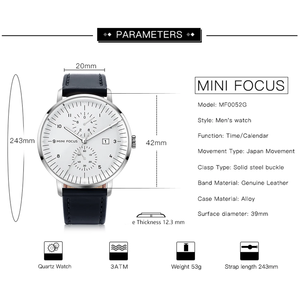 MINI FOCUS Business Quartz Man Watch Waterproof Wrist Watch with Auto Date Luminous Reloj Hombre Male Gifts 0052G