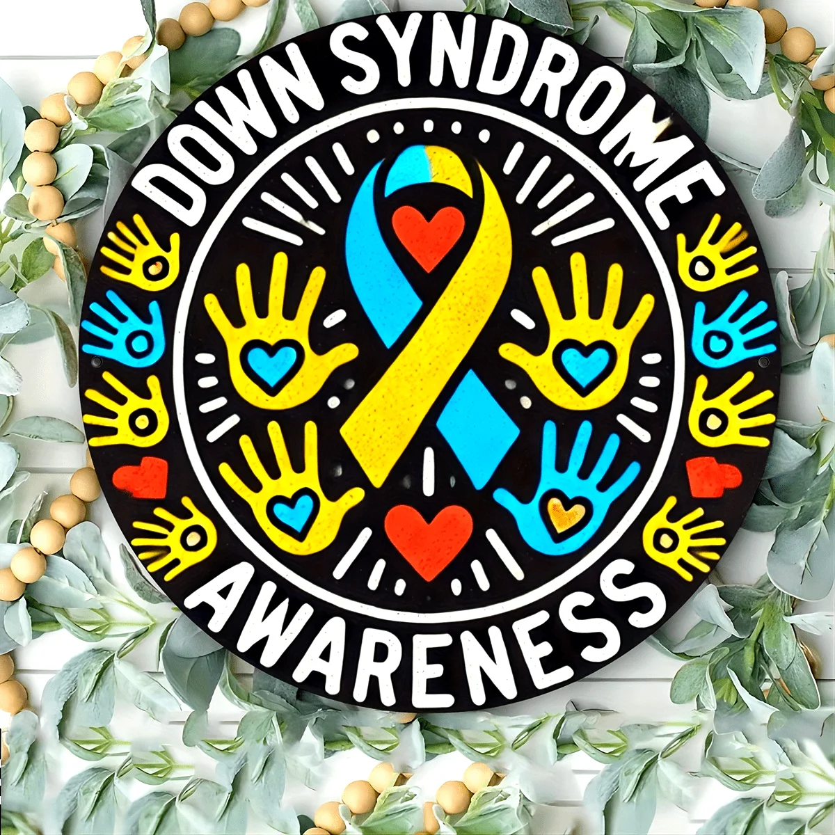 2D Flat - 2D Plane 1pc Down Syndrome Awareness Round Metal Sign - 20.32 cm Wreath Border, Blue And Yellow Ribbon with Handprint