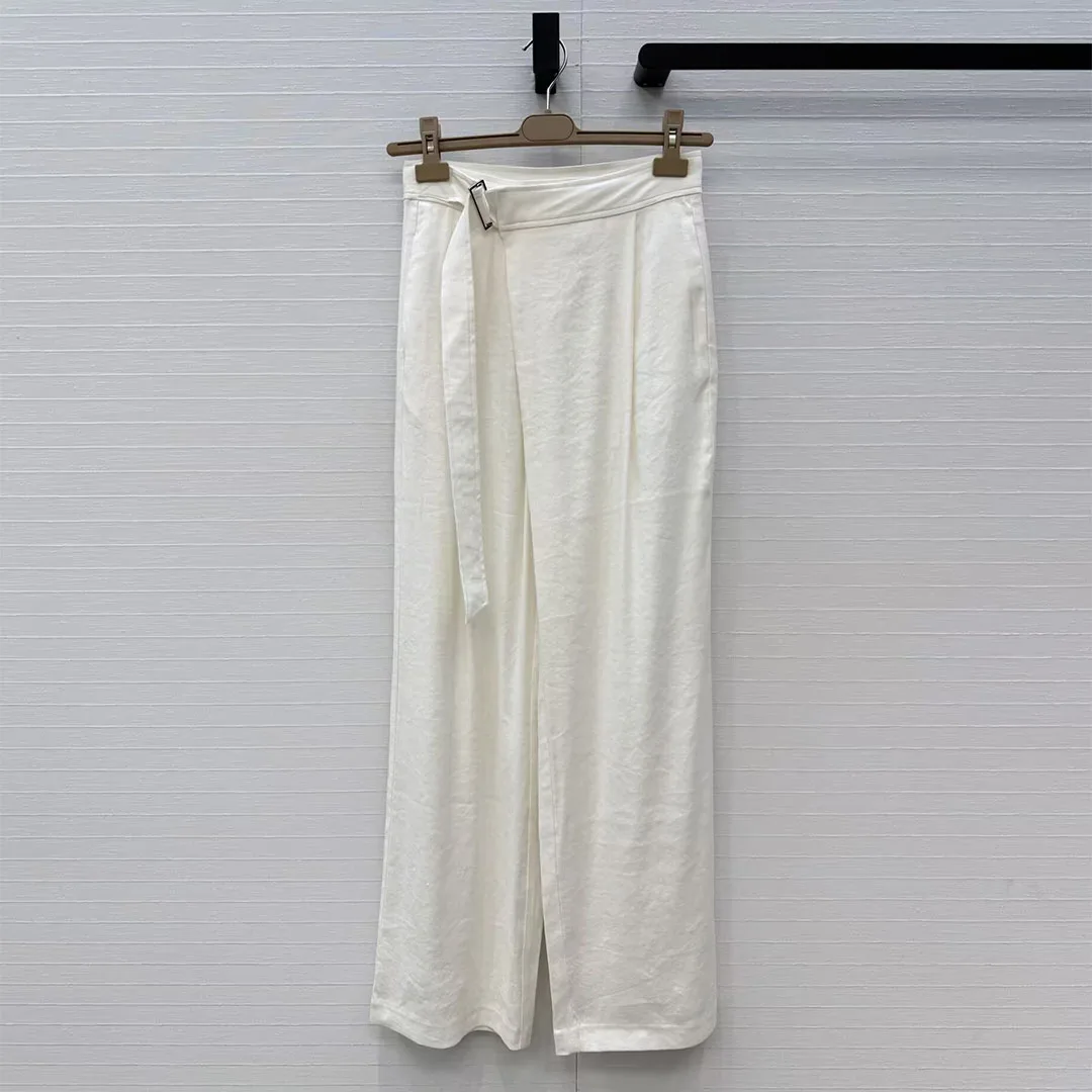 

Повседневные льняные брюки-костюмки для женщин, белые, плиссированные, с высокой талией, с декоративным поясом, элегантные офисные свободные брюки