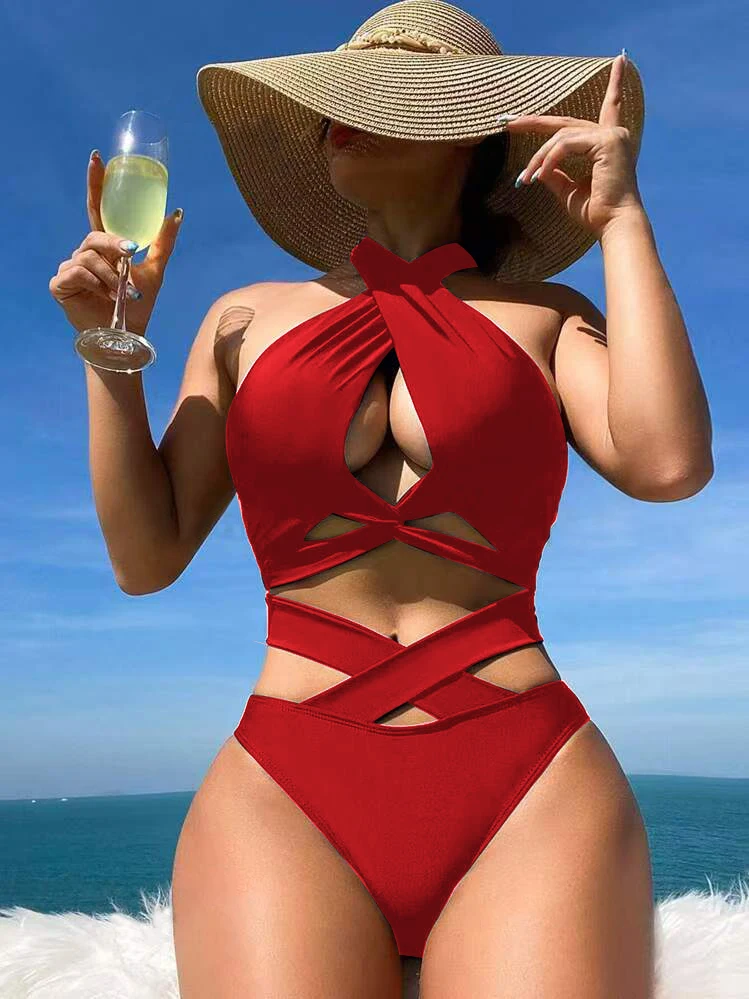 

Женский красный слитный купальник с вырезами и перекрестными лямками, с высокой талией, пляжная одежда