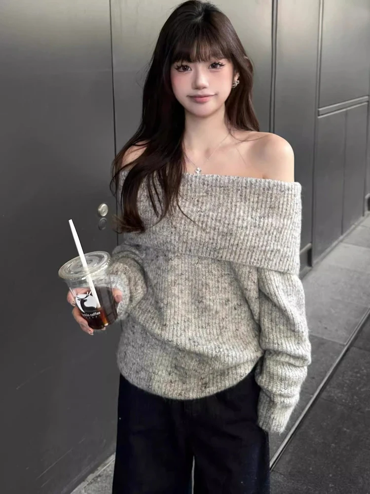 

Корейский пуловер с открытыми плечами, женский свободный повседневный свитер для похудения, длинный топ свека для похудения