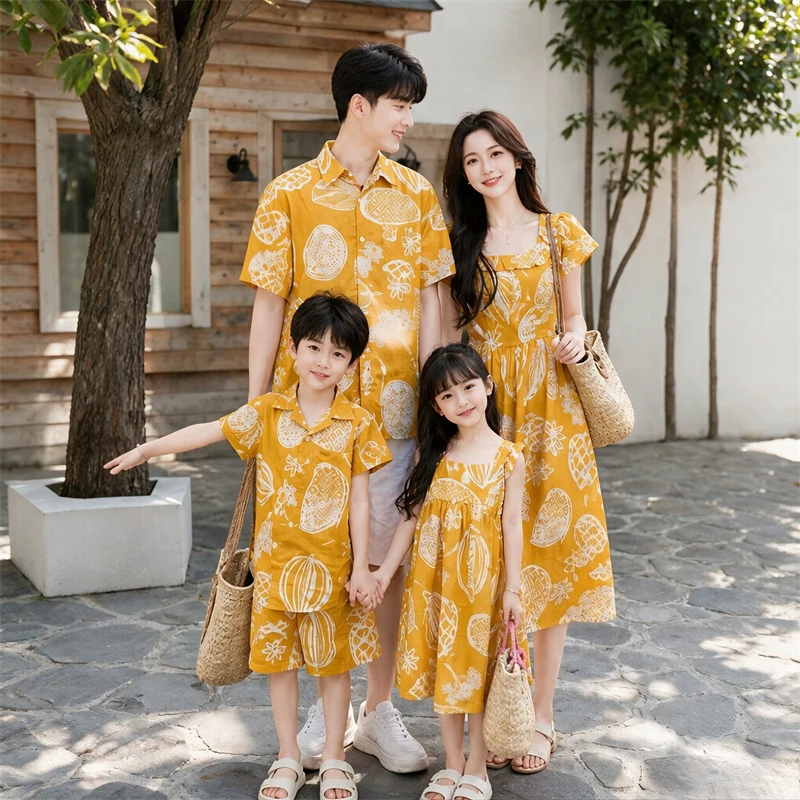 Vacation Family Matching Outfits Yellow Beach Mommy Daughter Dress Daddy Son Shirt Set Sister Brother Summer Holiday Clothes