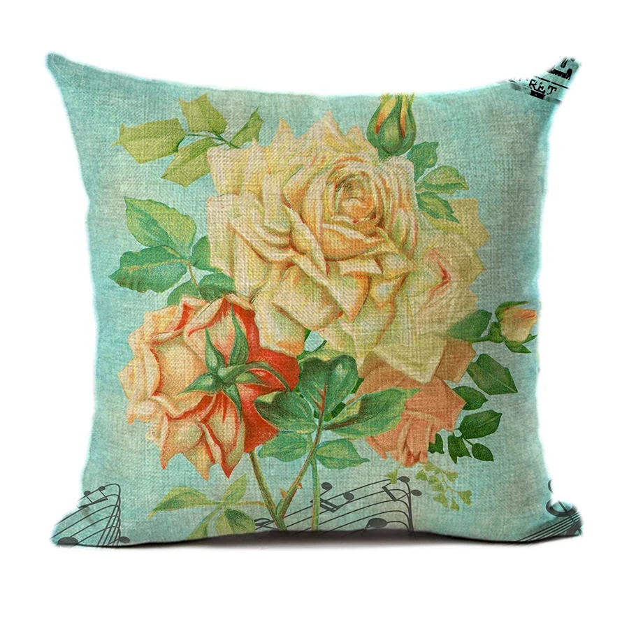 American Nostalgic Rose Stamp Print Decorative Cushion Cover Cotton Linen Sofa Square Throw Pillowcase Home Decoration 45x45cm