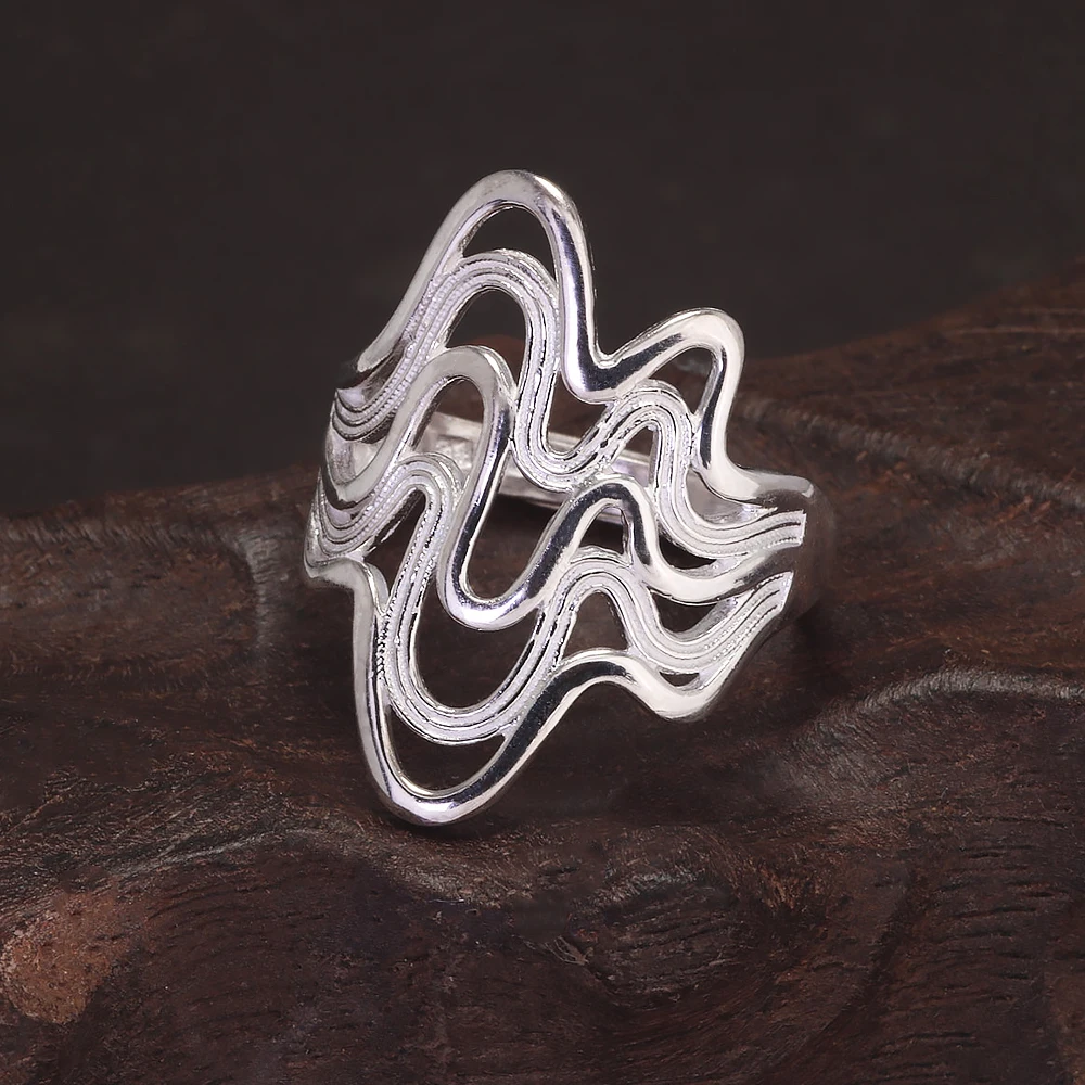 

S990 Sterling Silver Wave Irregular Ring for Women Adjustable Exaggerated Unique Design Fashion Jewelry Gift for Her