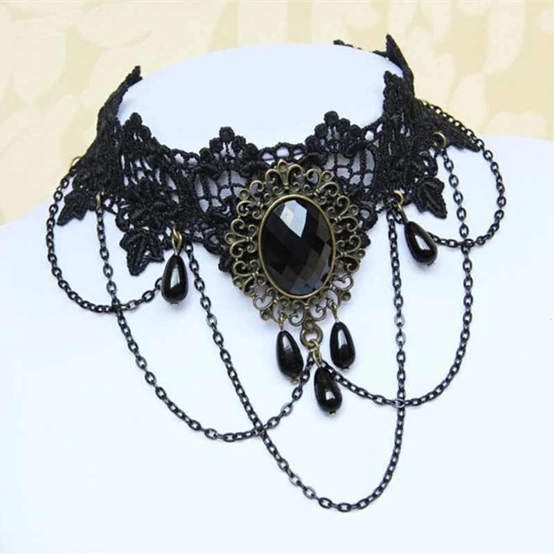 Sexy Lace Necklace Water Droplet Pendant Synthetic Big Gemstone Clavicular Neck Chain  Fashion Jewelry Collares Para Mujer