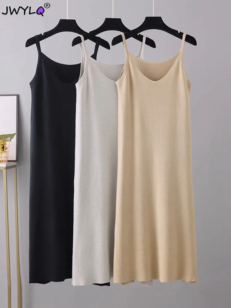 

Summer V-neck Wear On Both Sides Woman Knitted Dress Casual Long Camisole Vest Dresses Women Loose Cashmere Maix A-line Dresses