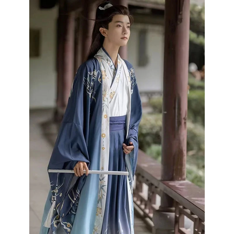 

New original Hanfu collar Wei Jin style youth printed big sleeve shirt knight Knight suit