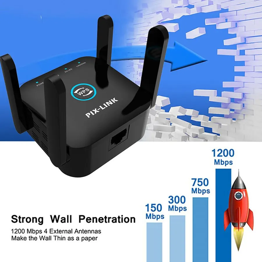 Pixlink ตัวทวนสัญญาณ Wi-Fi AC24ความเร็ว1200Mbps 2.4 & 5GHz ตัวขยายสัญญาณไร้สายระยะไกลแบบคู่การตั้งค่าที่รวดเร็วสำหรับเครื่องขยายสัญญาณที่บ้าน