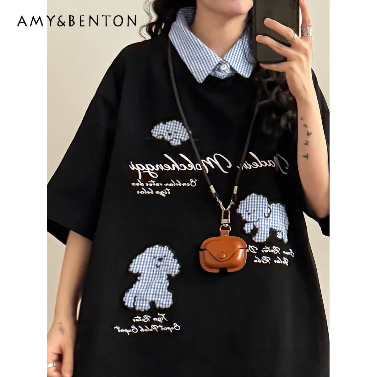 

2025 Summer New American Style Embroidered Puppy Patchwork Color Distressed Fake Two-Piece Polo Shirt Short Sleeve T-Shirt Top