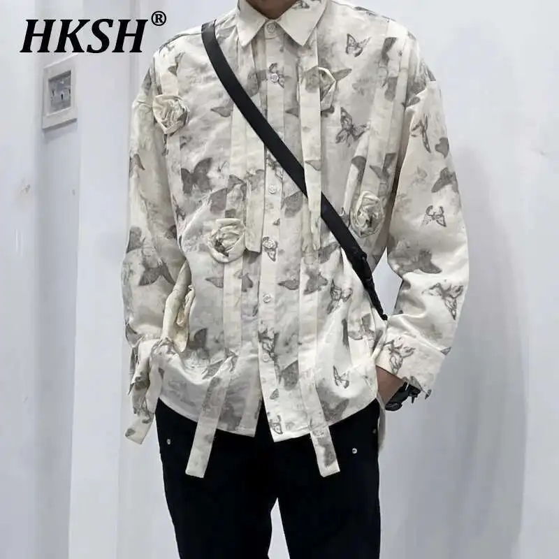 

HKSH Original Print Casual Trendy Retro Handmade Flower Vintage Hairy Edge Shirt 2025 Spring Autumn New Men Tide Chic Top HK4033