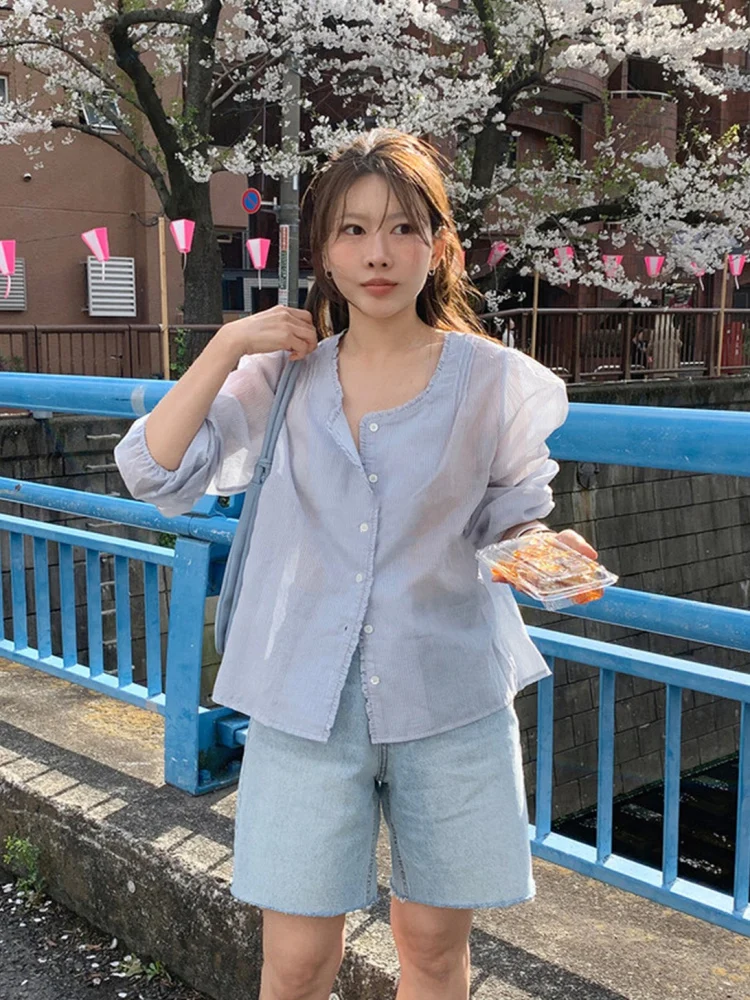 

Retro Striped Loose round Ne Bubble Sve irt Women's Spring Summer Open Cardigan Korean Sle Gentle Commute Sle Cotton