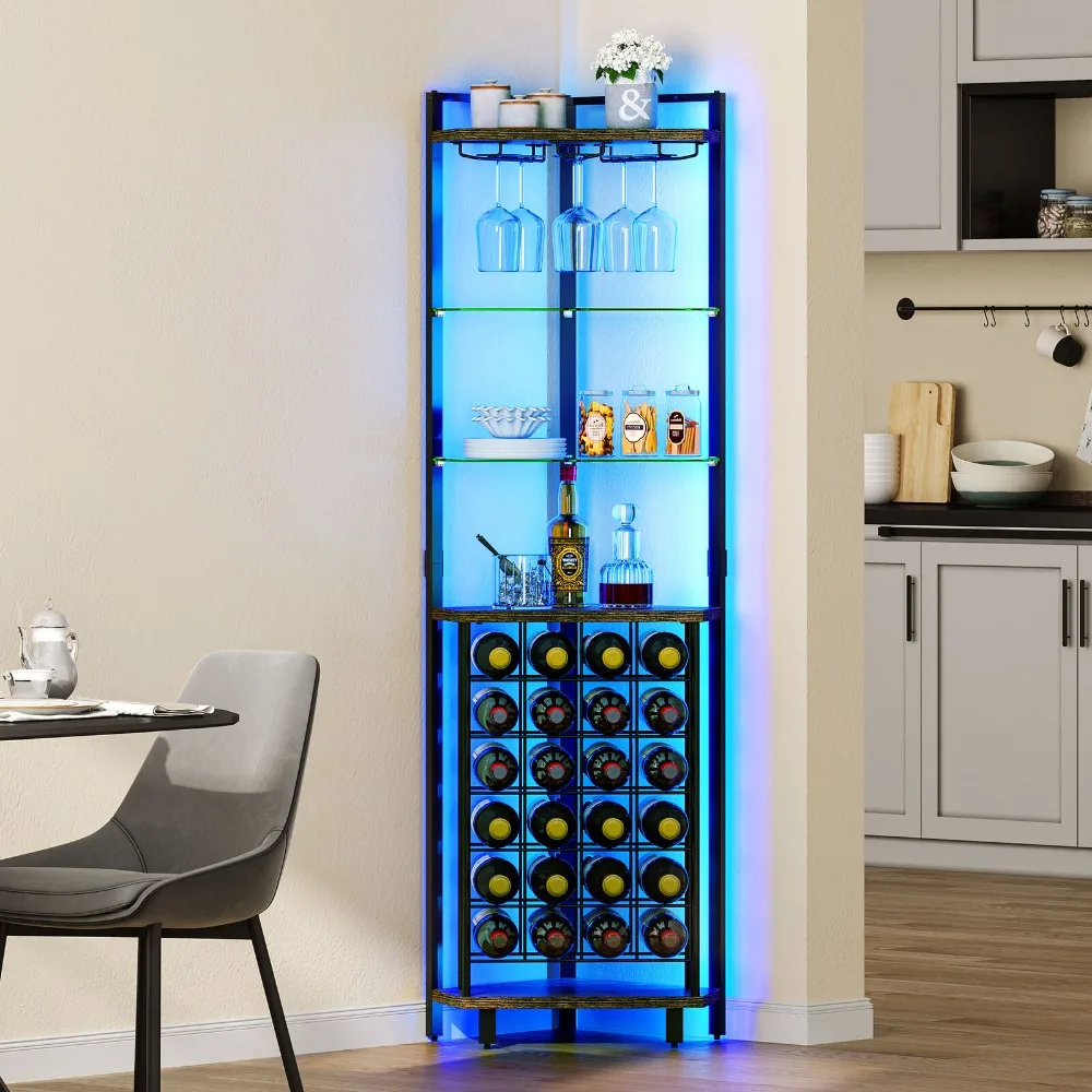 

4-Tier Corner Wine Rack with Glass Holder & Shelves Industrial Bar Cabinet