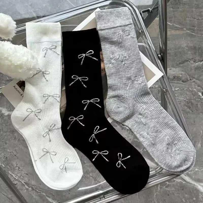 

Летние тонкие носки с бантом, женские серые, белые дышащие носки для девочек, повседневные милые удобные носки средней длины, модные аксессуары