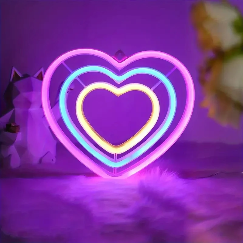 Double Heart-Shaped Neon Sign Light USB Powered Light Sign for For Room Dorm Wedding Anniversary Birthday Party Decoration