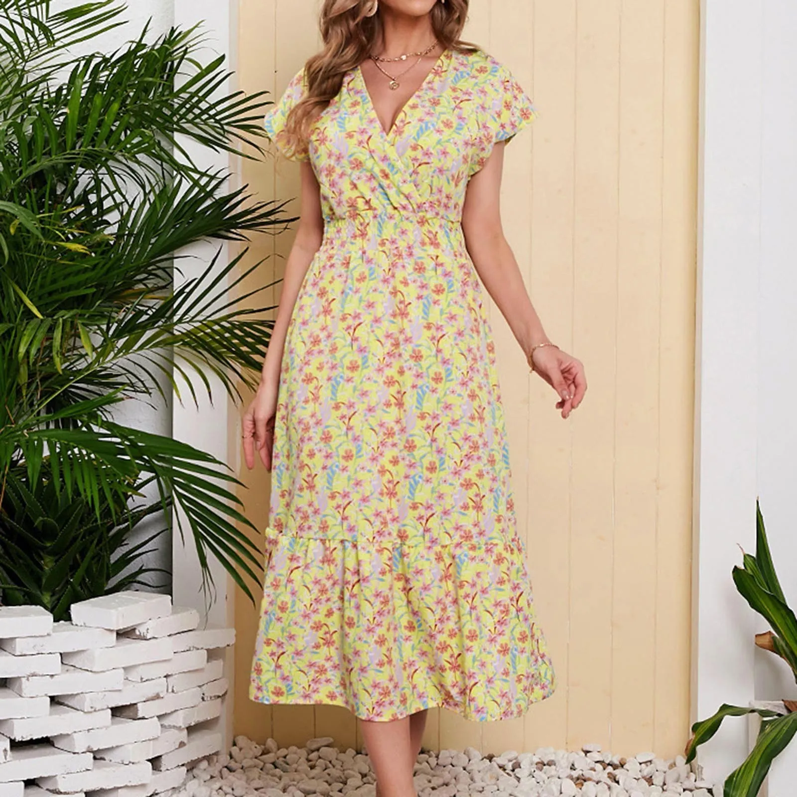 

2024 Elegant Summer Floral Long Dress For Women Sexy V-Neck Short Sleeve Irregular Print Dresses Temperament Holiday Maxi Dress