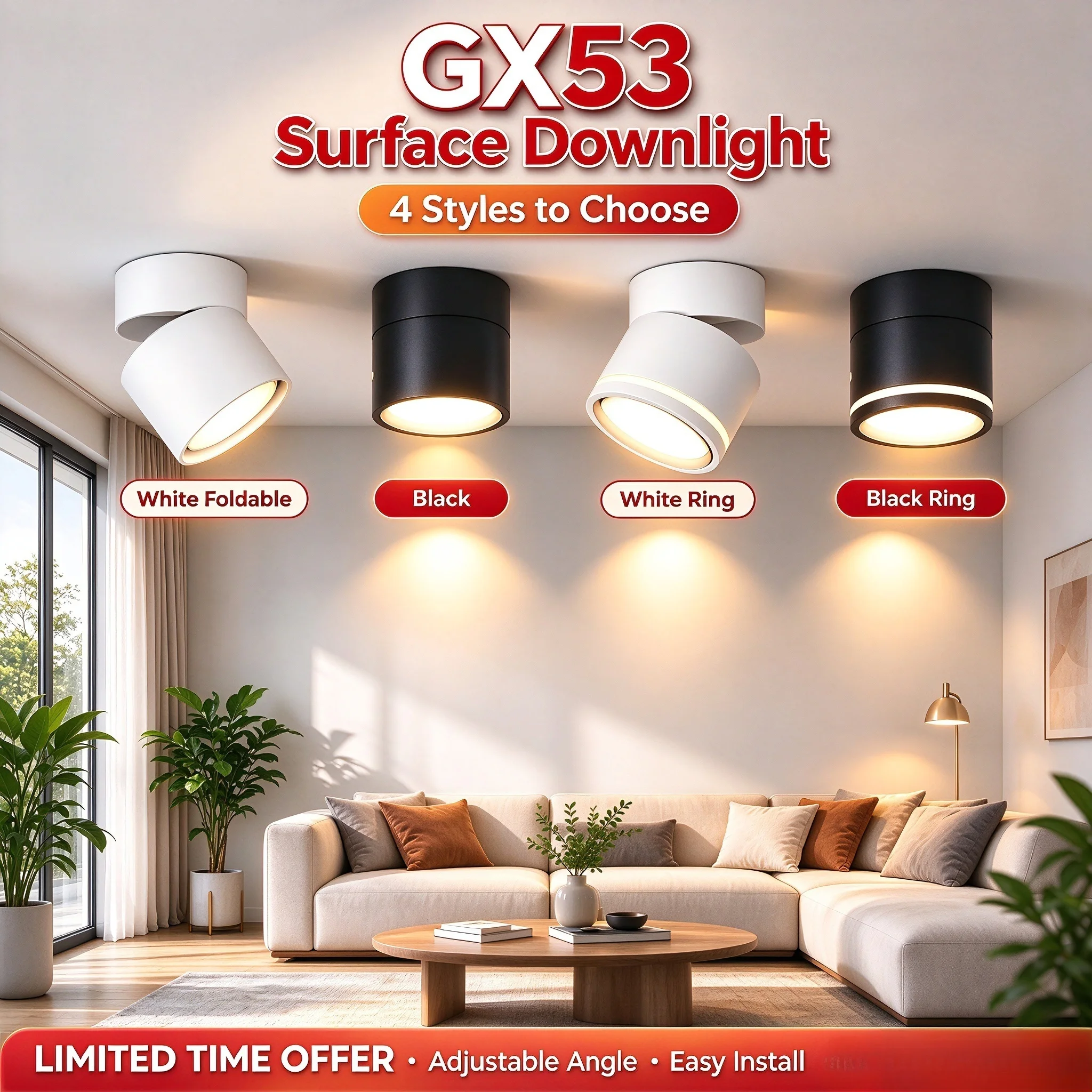 Aluminum Spot Led Downlight Ceiling Light Replaceable GX53 Bulb Spotlight Indoor Lighting for Living Room Foldable Down Light