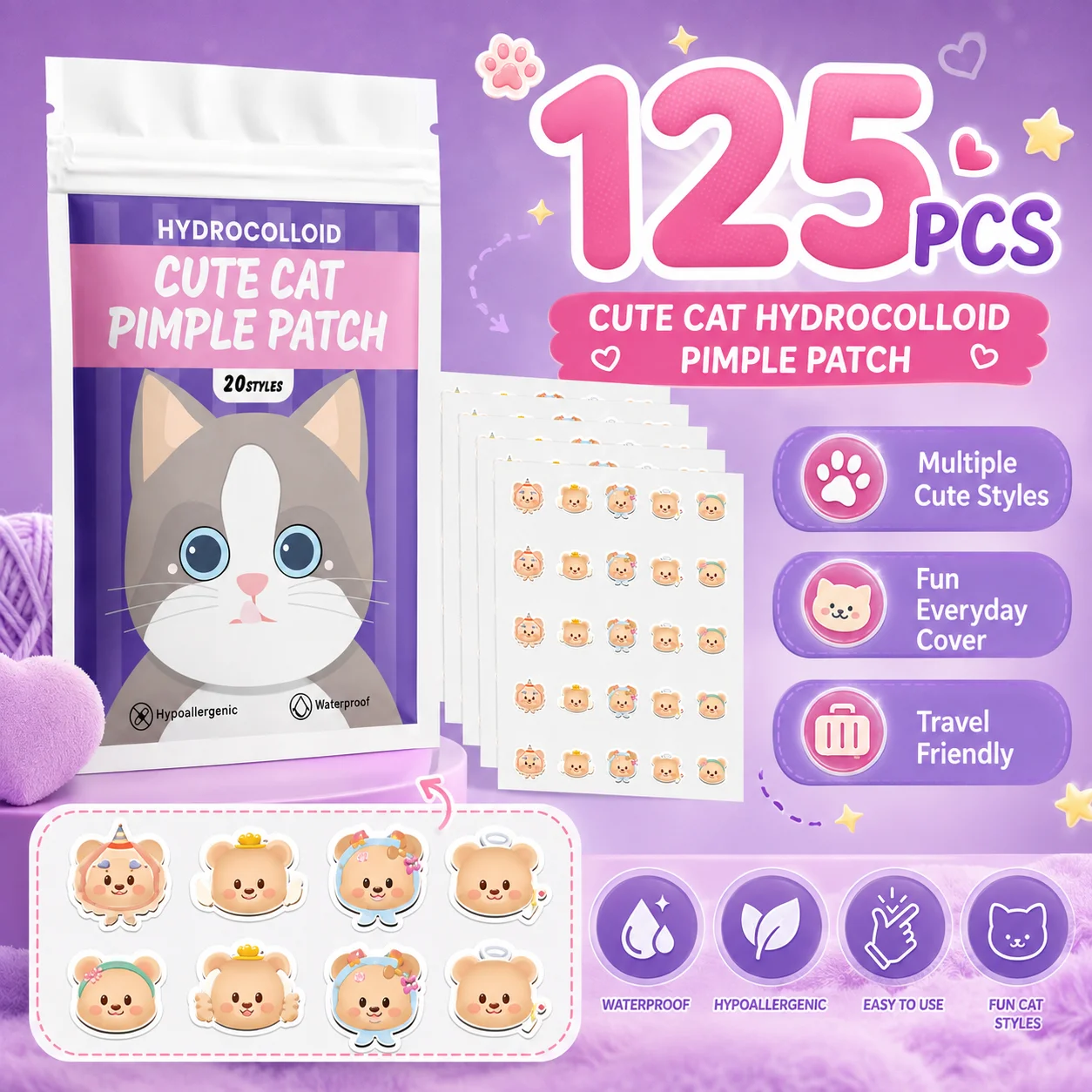 125pcs Cartoon acne patch, cute cat-shaped facial concealer acne patch, safe, non-toxic, gentle and non-irritating