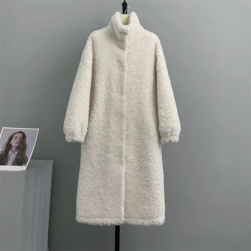 Stand Up Collar Medium Long Fur One-piece White Warm Fluffy Coat Women Sheep Velvet Fashion Medium Long Outerwear Overcoat