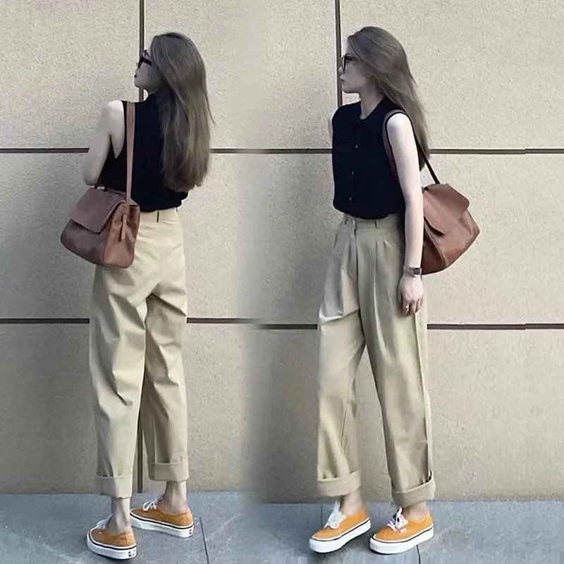 

Женские летние тонкие брюки прямого кроя цвета хаки с высокой талией, широкие повседневные спортивные брюки-харланы, модные универсальные длинные брюки