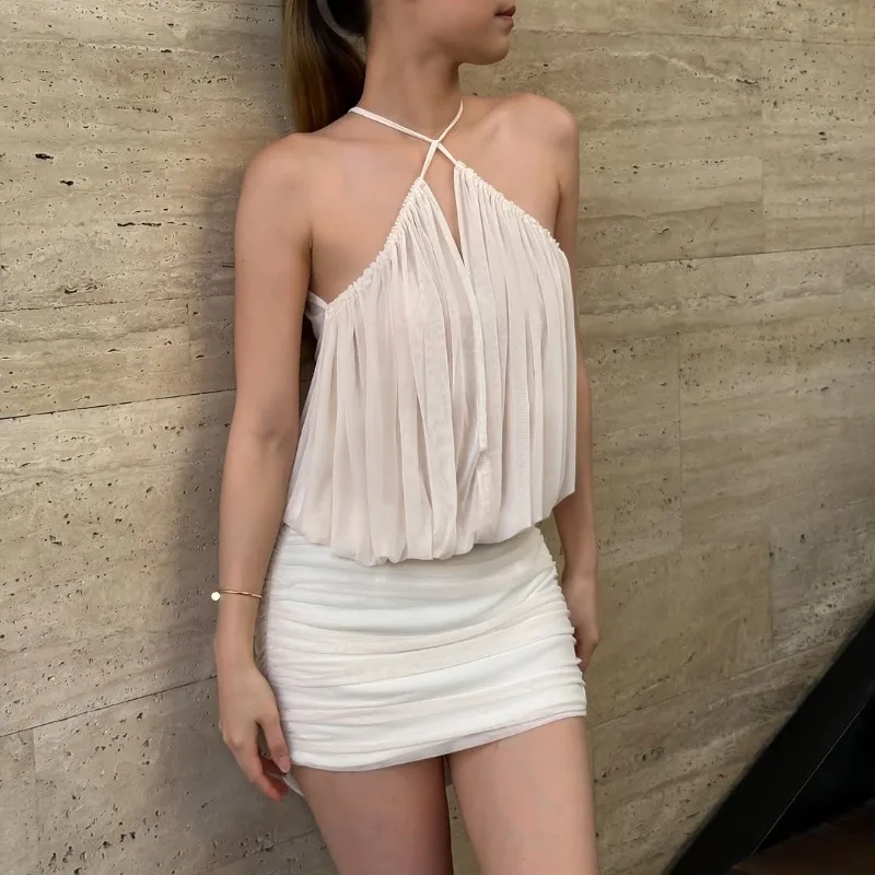 Zeyla 2025 ฤดูใบไม้ผลิใหม่ชุดเดรสคอเชือกแขวนคอเซ็กซี่ - แผงตาข่ายเชียร์ชุดเข้ารูป Midi พร้อมรายละเอียดนัวเนีย