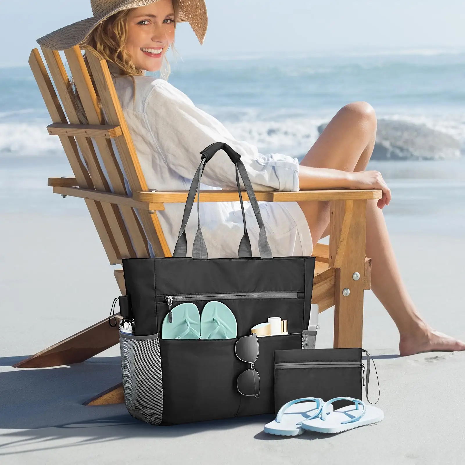 

Beach Bag Swimming Pool Beach Bag With Coin Purse Folding Waterproof Tote With Zipper Outdoor Handbag For Travel Camping Picnic