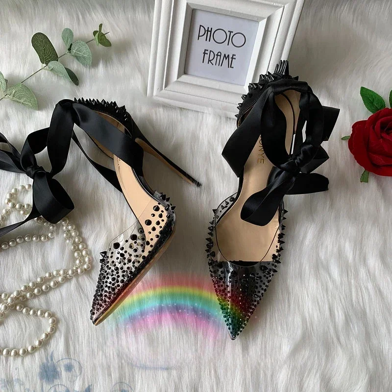 New Perspective PVC Black Rivet Pointed Silk Foot Ring Strap 12cm High Heel Banquet Sexy High Heel Sandals