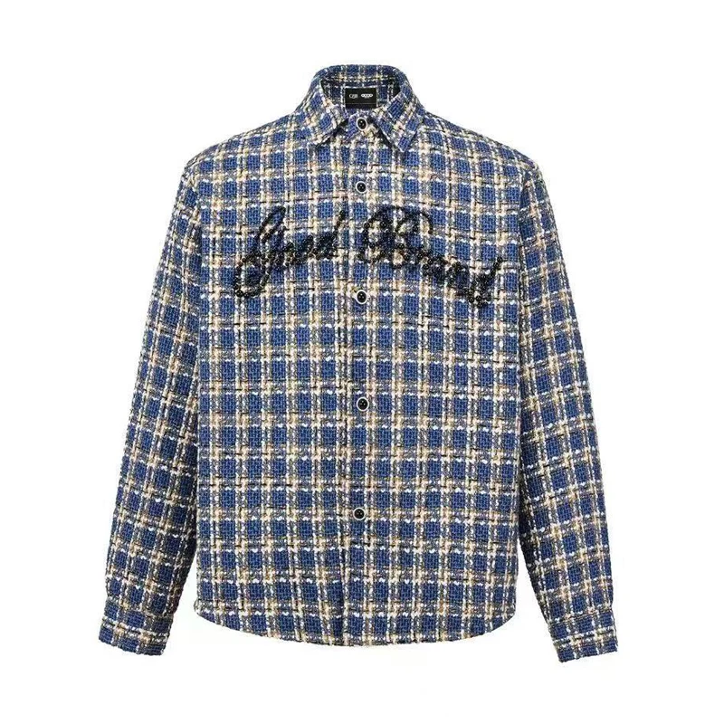 

Goodbrand Jacket Blue Checkered Black Pearl Long-sleeved Shirt Men Women American Streetwear Fashion Single-breasted Lapel Coat