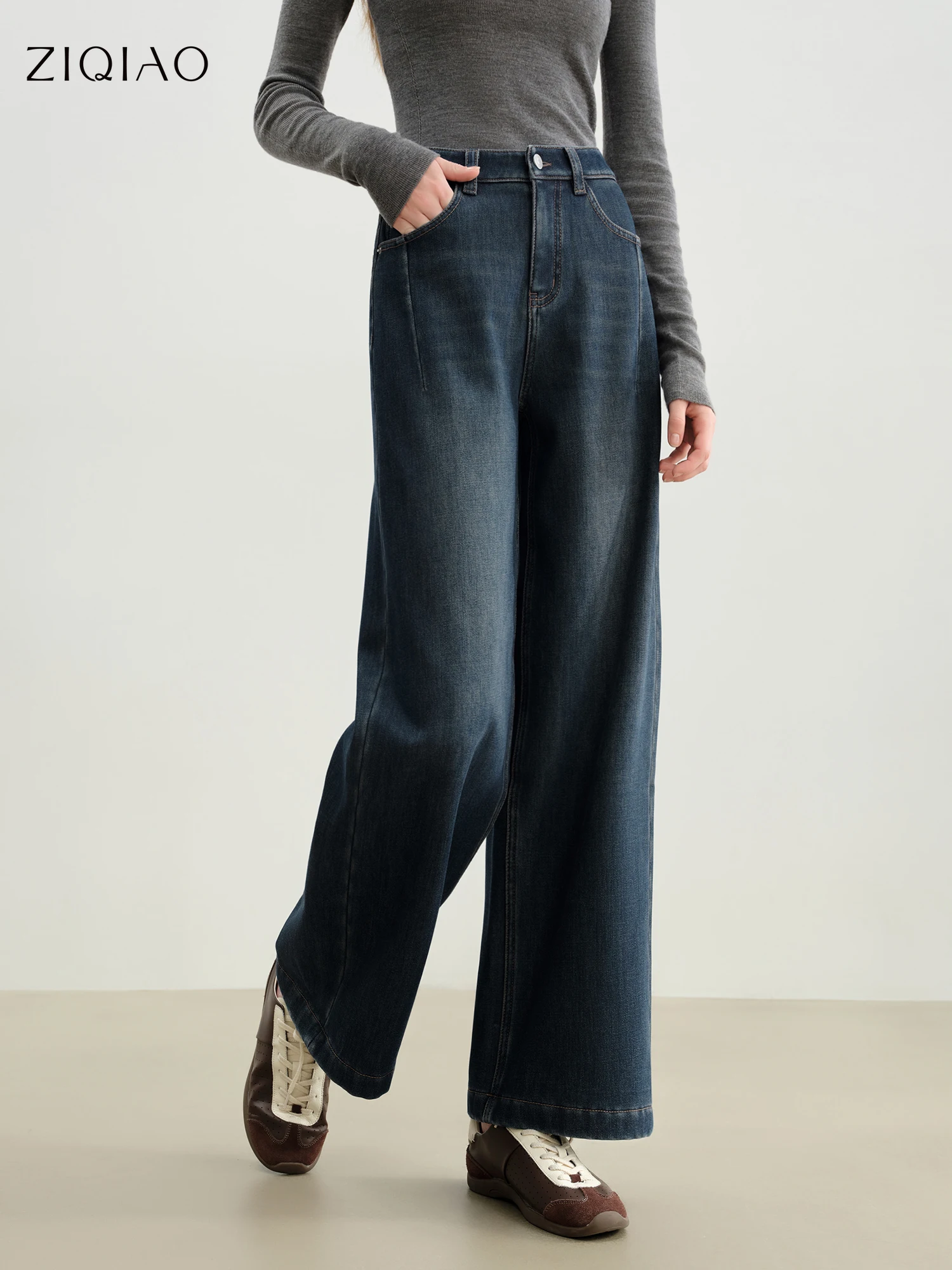 ZIQIAO جينز مستقيم دافئ مبطن بالصوف للنساء 2025 شتاء ريترو أزرق واسع الساق مهرجان الموسيقى الحياة اليومية المنزل التنقل المدرسة #1