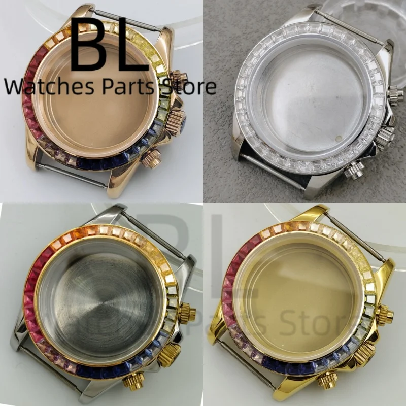 

BLIGER 39mm Silver Gold VK63 Sapphire Glass Watch Case with Diamond Bezel Men's Watch Accessories for VK63 VK64 Quartz Movement