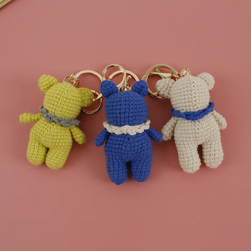 Handmade Crochet Collar Bear Keychain, Simple Solid Color Mini Teddy Amigurumi Bag Pendant Gift