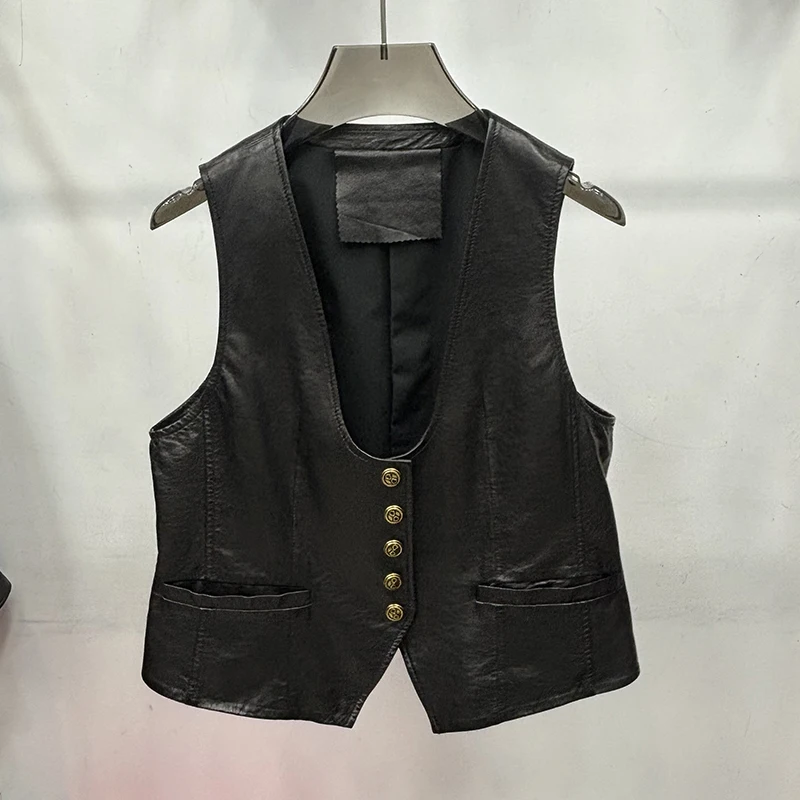 Women Spring Genuine Leather Vest Jacket Fashion Classic Black Burnished Real Sleeveless Leather Waistcoat