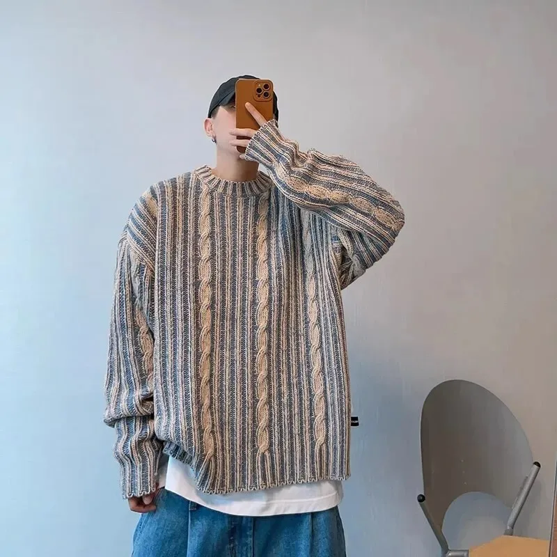 Autumn Winter Striped Sweater American Style Retro Loose Casual High Street Sweaters Men Tops Pullovers Male Clothes Knitwear