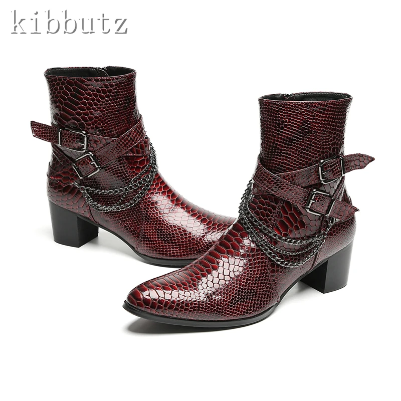 

Luxury Design Buckle Chain Men Ankle Boots British Style Genuine Leather Motorcycle Boots Snake Skin Wedding Dress Shoes