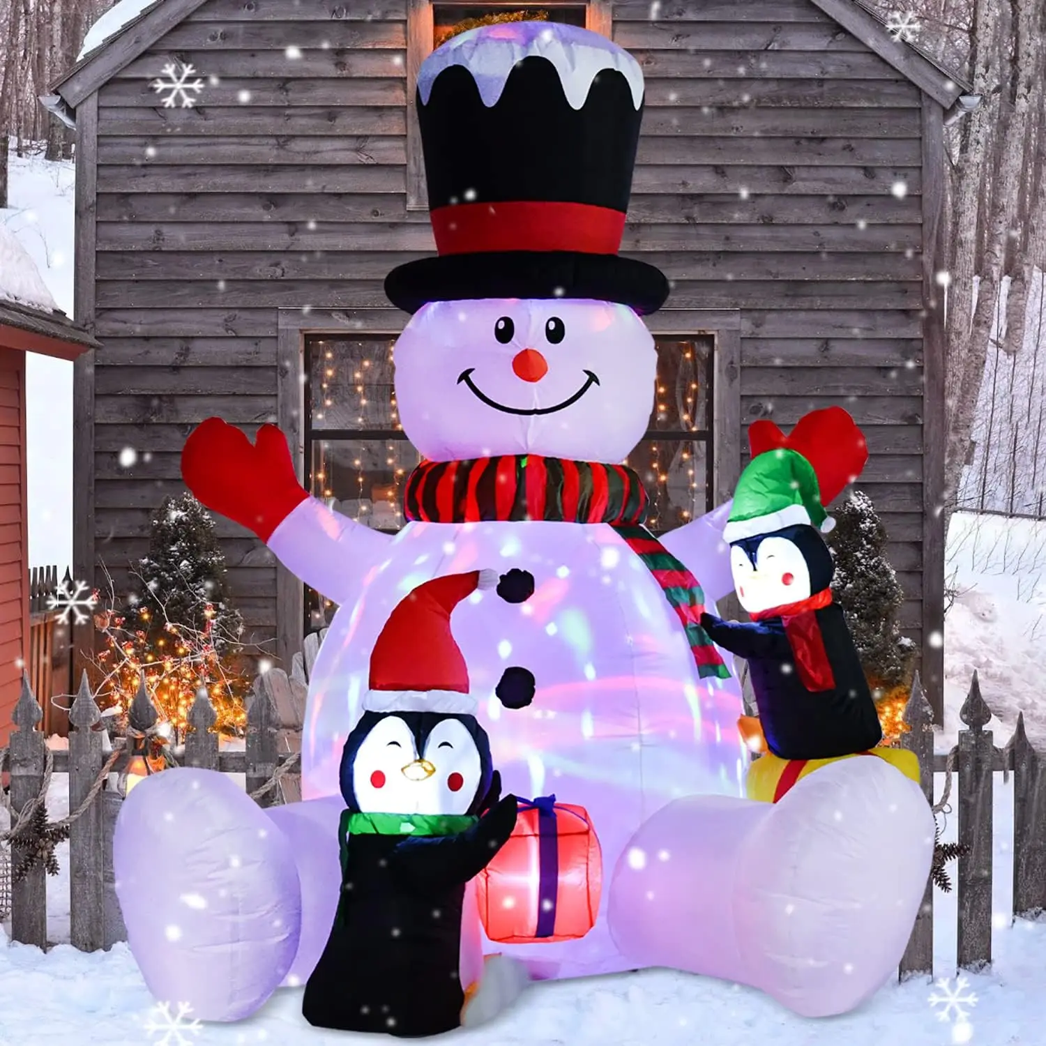 7ft Opblaasbare Kerst Sneeuwman Met Pinguïns Roterende Veranderende Led Verlichting Xmas Vakantie Opblazen Decoratie Outdoor Feest Speelgoed