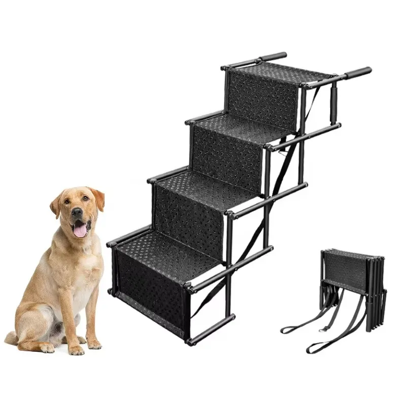 

Upgraded Metal Frame Portable Ladder Foldable Dog Stairs Pet Ladder Lightweight 4 Layers Dog Ramp for High Bed and Car