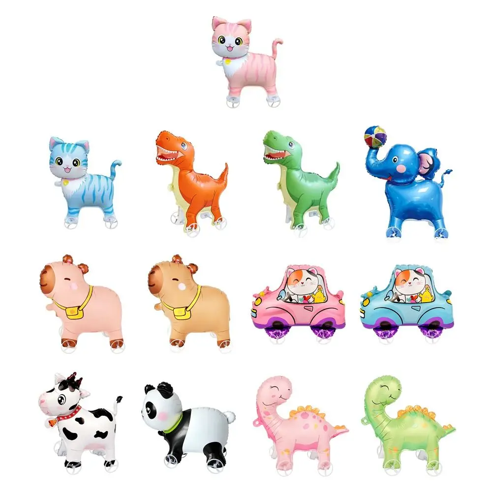 Movable Design 4D Dinosaur Balloons With Wheels Animal Balloon Standing Foil Balloons Drawing Foil Cartoon Standing Balloons