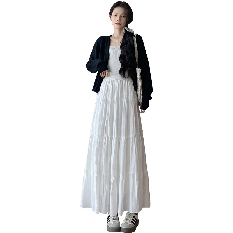 New White A-Line Midi Skirt Women's High Waist Slim Fit Spring Autumn Puffy Ballet Cake Skirt Slightly Elastic Polyester