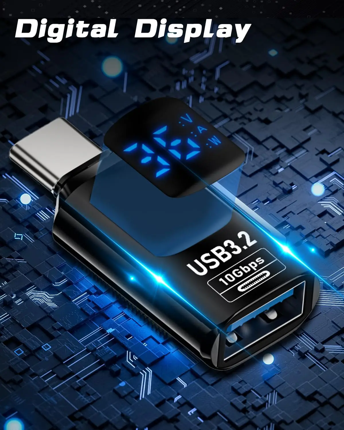 Paquete de 2 adaptadores USB C a USB A con pantalla digital LED, adaptador USB C macho a USB hembra de 10Gbps, USB C no direccional a USB 3.2