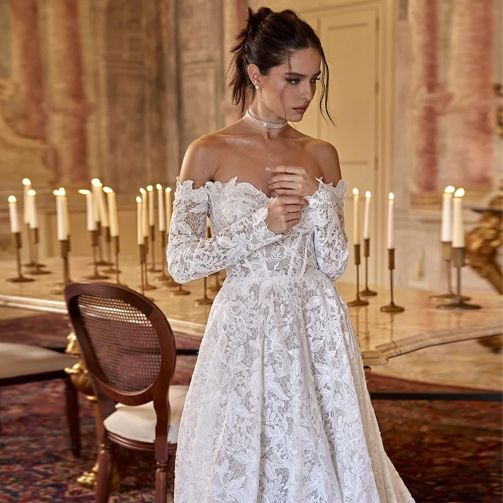 

Customized Soft White Lace Wedding Dress Formal Sweetheart Long Sleeves Bridal Gowns Soft A-Line Court Train Vestido De Novia