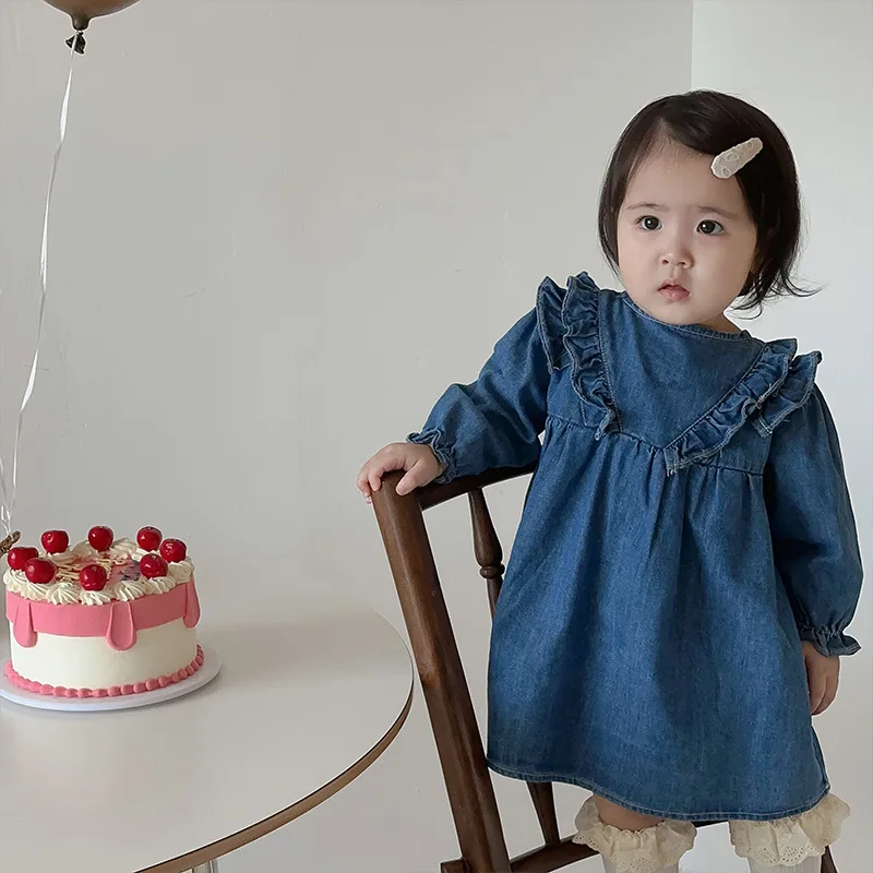 Vestido de mezclilla de manga larga para niña, ropa para niños pequeños, vestido de cuello de encaje, vestido de princesa infantil, sólido, nuevo,