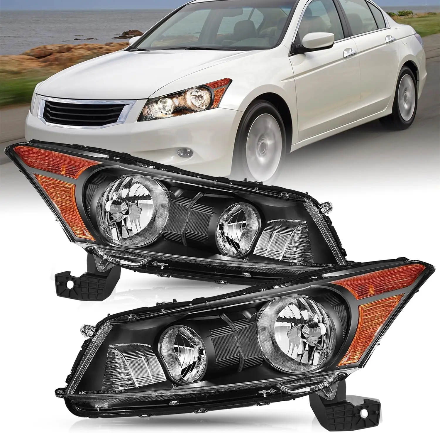 

Headlight Assembly Fit for 2008-2012 Accord 4-Door Halogen Headlamp Right Passenger and Left Driver Side Black Housing with Ambe