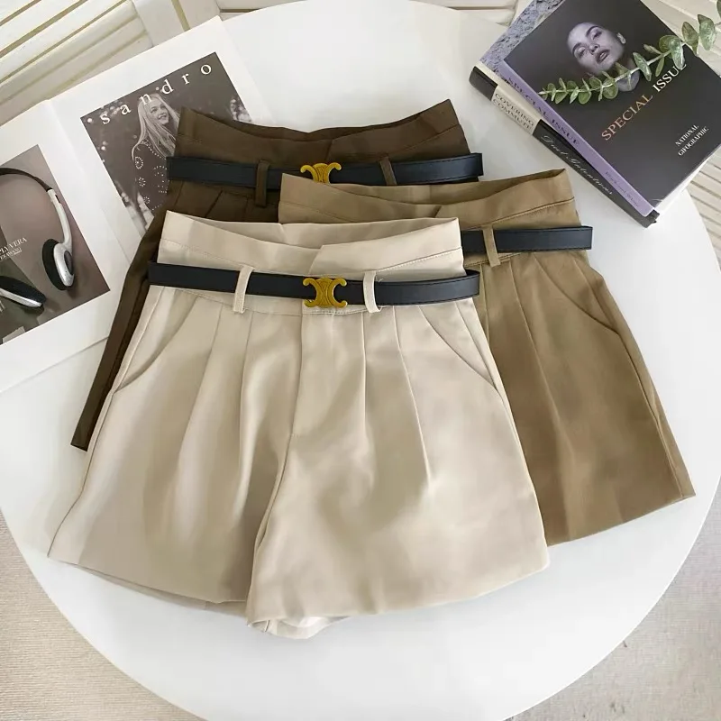 

ITOOLIN Summer Women Casual High Waist Shorts With Belted Solid Loose Office Suit A-line Shorts Women Straight Trousers 2024