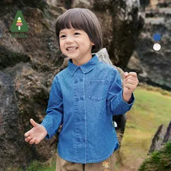 Amila Baby Denim Shirt 2024 Autumn New Boys Wysokiej jakości bawełniana koszula z klapami Miękkie, jednokolorowe, luźne, codzienne topy dziecięce z długim rękawem