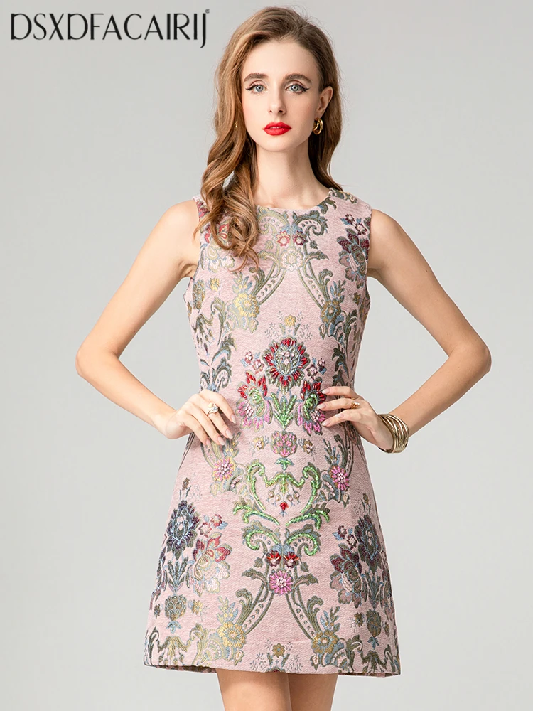 

DSFACAIRIJ Women's O-Neck Sleeveless Beaded Mini Dress Indie Folk Jacquard Vest Early Autumn Fashion for Females