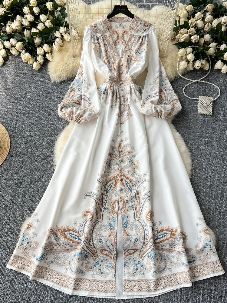 

Women French Vintage Elegant A-line Dress Spring Autumn Lantern Sleeves High Waist Slim Party Vacation Print Dresses Vestidos