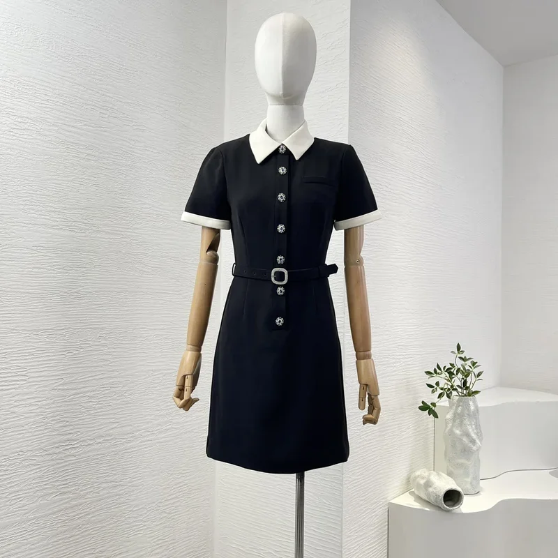 Black short sleeve 2024 new classic belted top quality slim fit commuter style Women mini dress