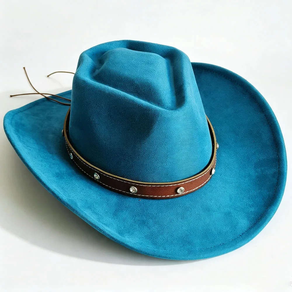 arrow crown Teal Faux Suede Cowboy Hat with faux Leather Band Roll-up Brim Bound Edge Cowgirl Hat Cattleman Unisex knight hat