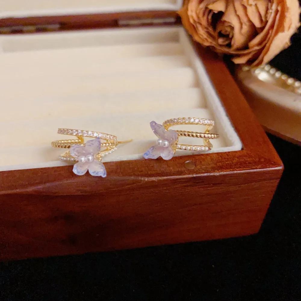 

Korean Purple Butterfly Stud Earrings Gold Plated Temperament Pearl Diamond Earrings Shiny Vintage Circle Earrings Wedding Party