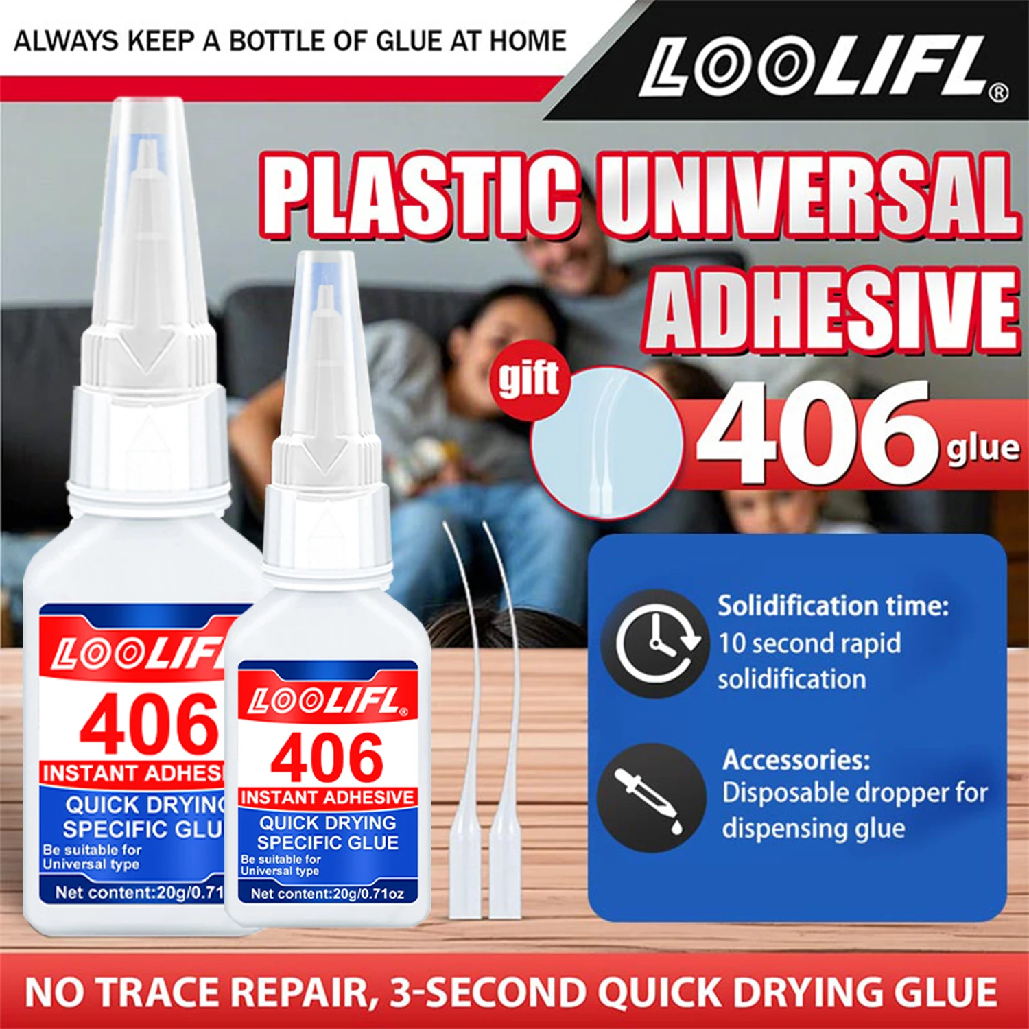 LOOLIFL 4PCS 406 Super Glue Plastic Professional Adhesive Transparent Cyanoacrylate Glue Fast DryingOdorless Long LastingBonding